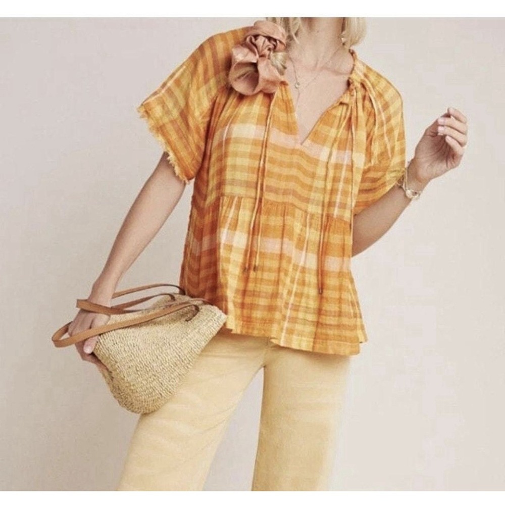 Pilcro Bette Plaid Babydoll Blouse Size Small Peach Cotton Gauze‎ Anthropologie